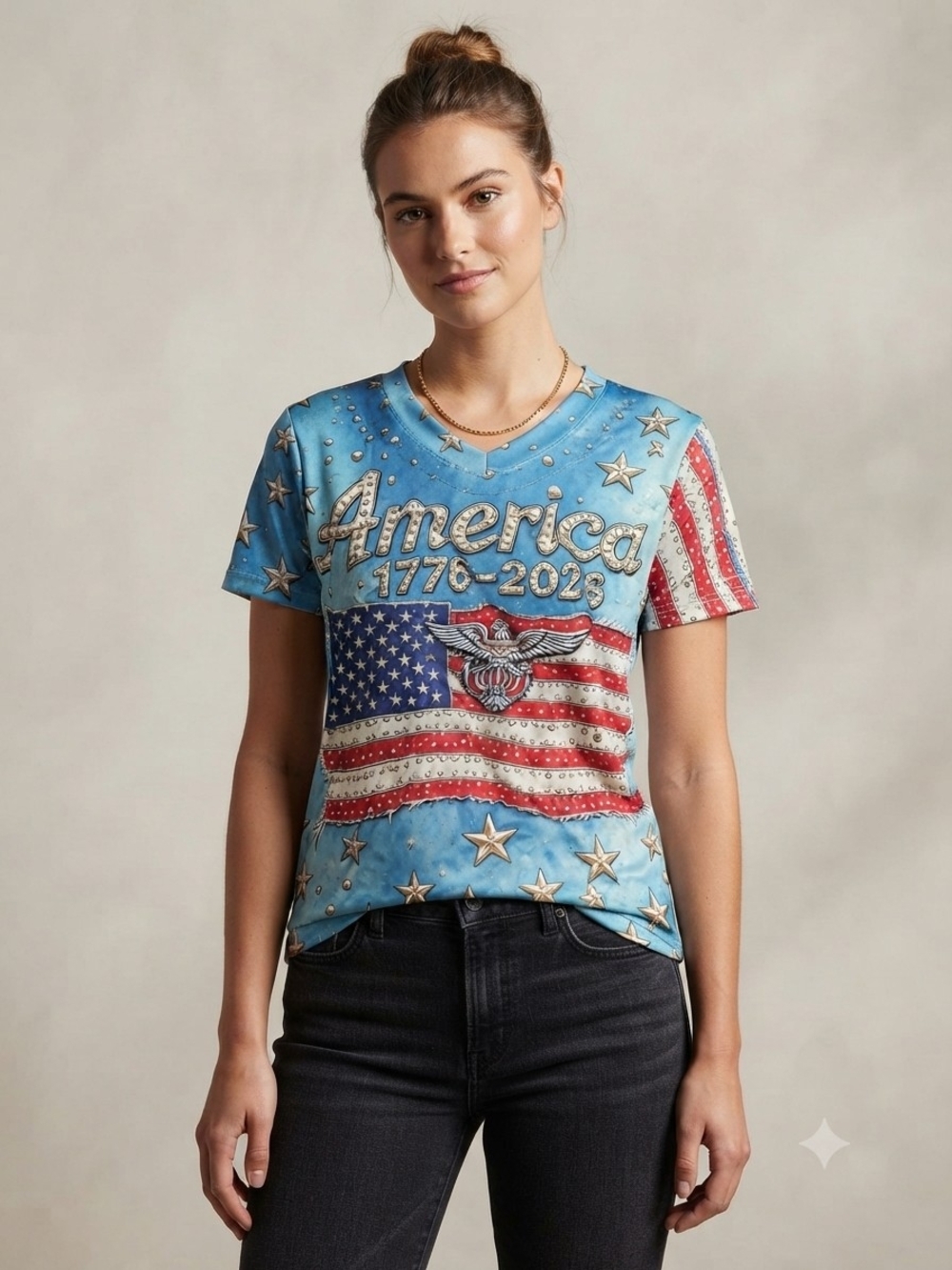 America Graphic V-Neck Tee - Blue Red White